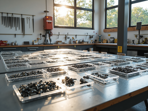 Automotive parts displayed in organized warehouse setting, mechanical components, professional industrial photography, clean background